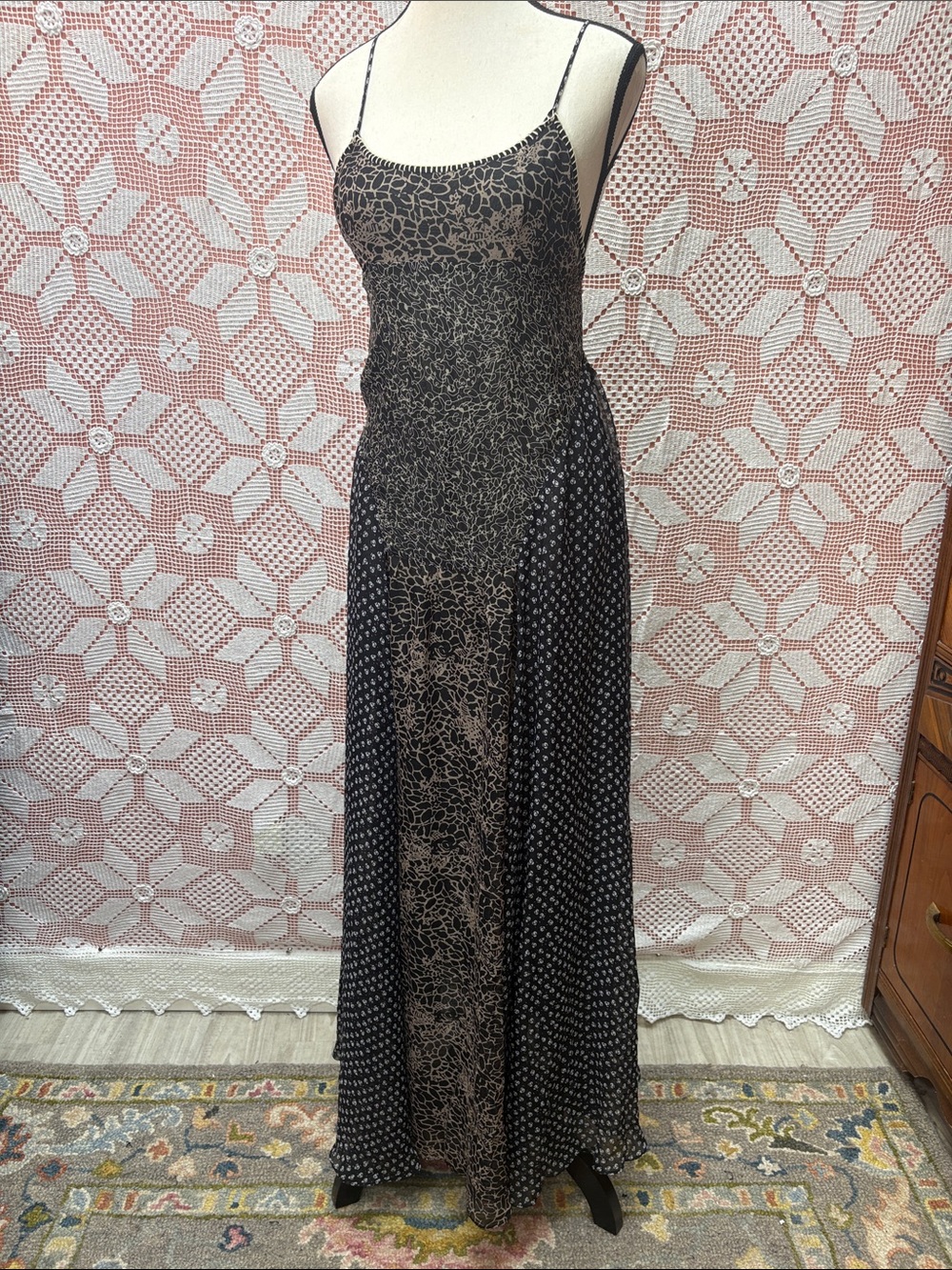 Black Patterned Spaghetti-Strap Maxi Dress